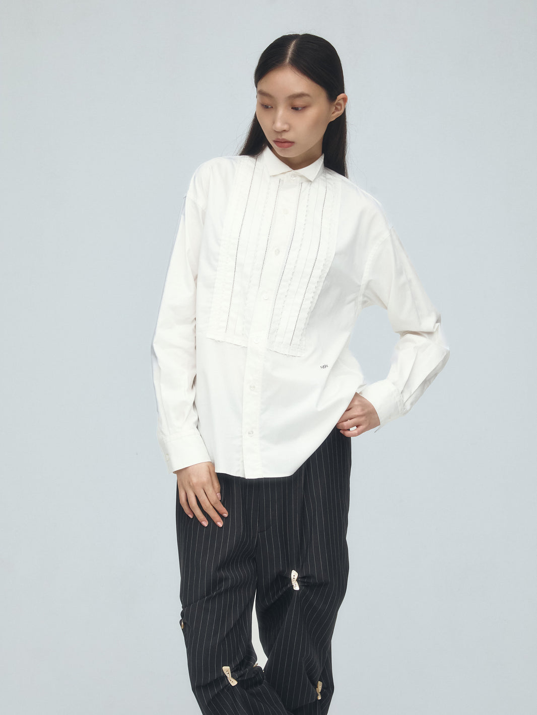 lace trim pintuck shirt