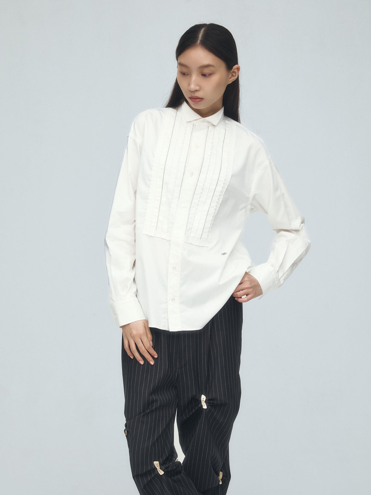 lace trim pintuck shirt